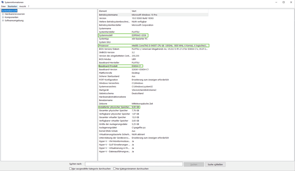 Systeminformation Fujitsu Esprimo G558 mit 8GB RAM Arbeitsspeicher
