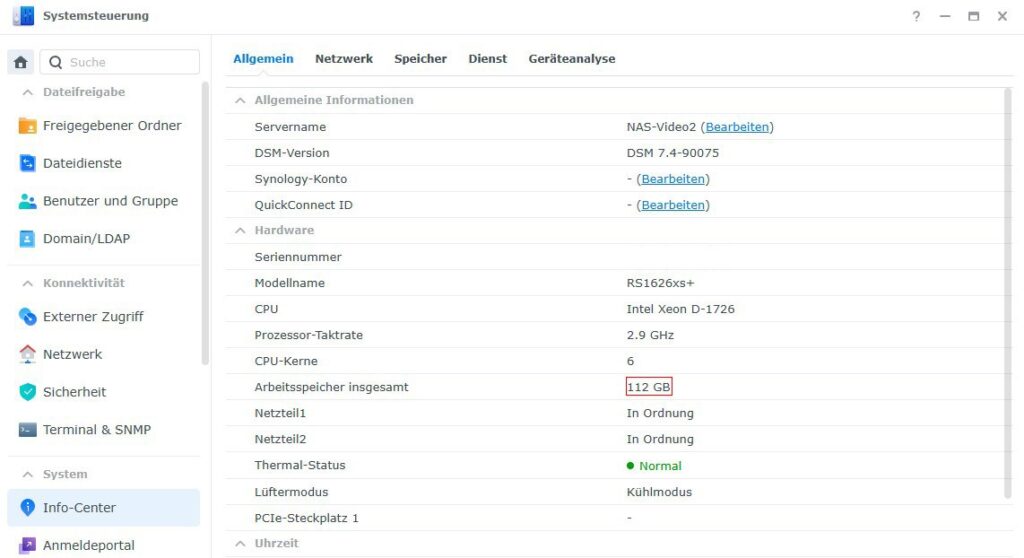 Synology Systemeinstellungen - Info-Center - Arbeitsspeicherinformation - 112GB nach dem Upgrade