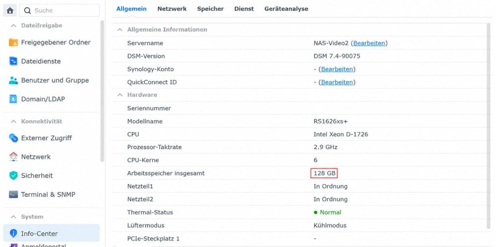 Synology Systemeinstellungen - Info-Center - Arbeitsspeicherinformation - 128GB nach dem Upgrade