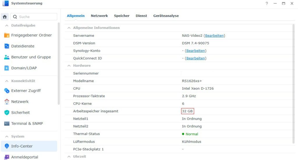 Synology Systemeinstellungen - Info-Center - Arbeitsspeicherinformation - 32GB nach dem Upgrade