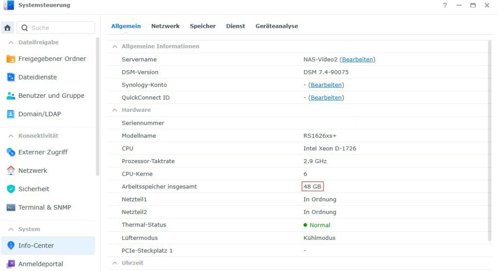 Synology Systemeinstellungen - Info-Center - Arbeitsspeicherinformation - 48GB nach dem Upgrade