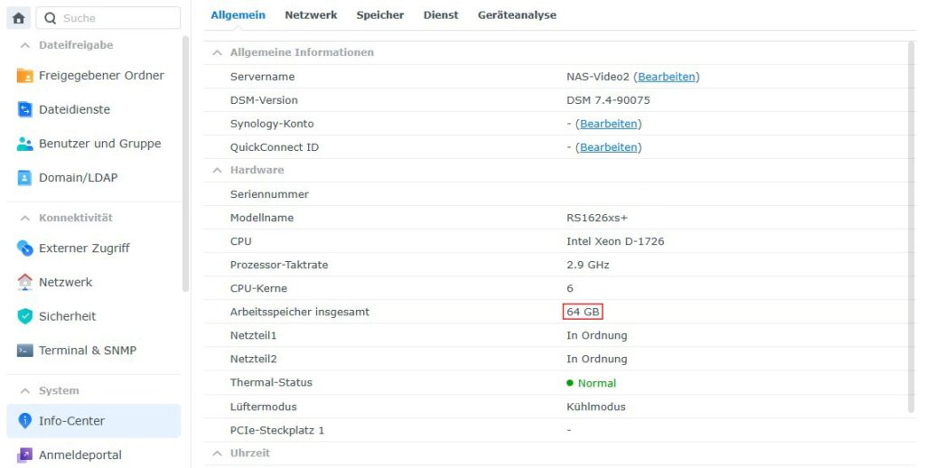Synology Systemeinstellungen - Info-Center - Arbeitsspeicherinformation - 64GB nach dem Upgrade